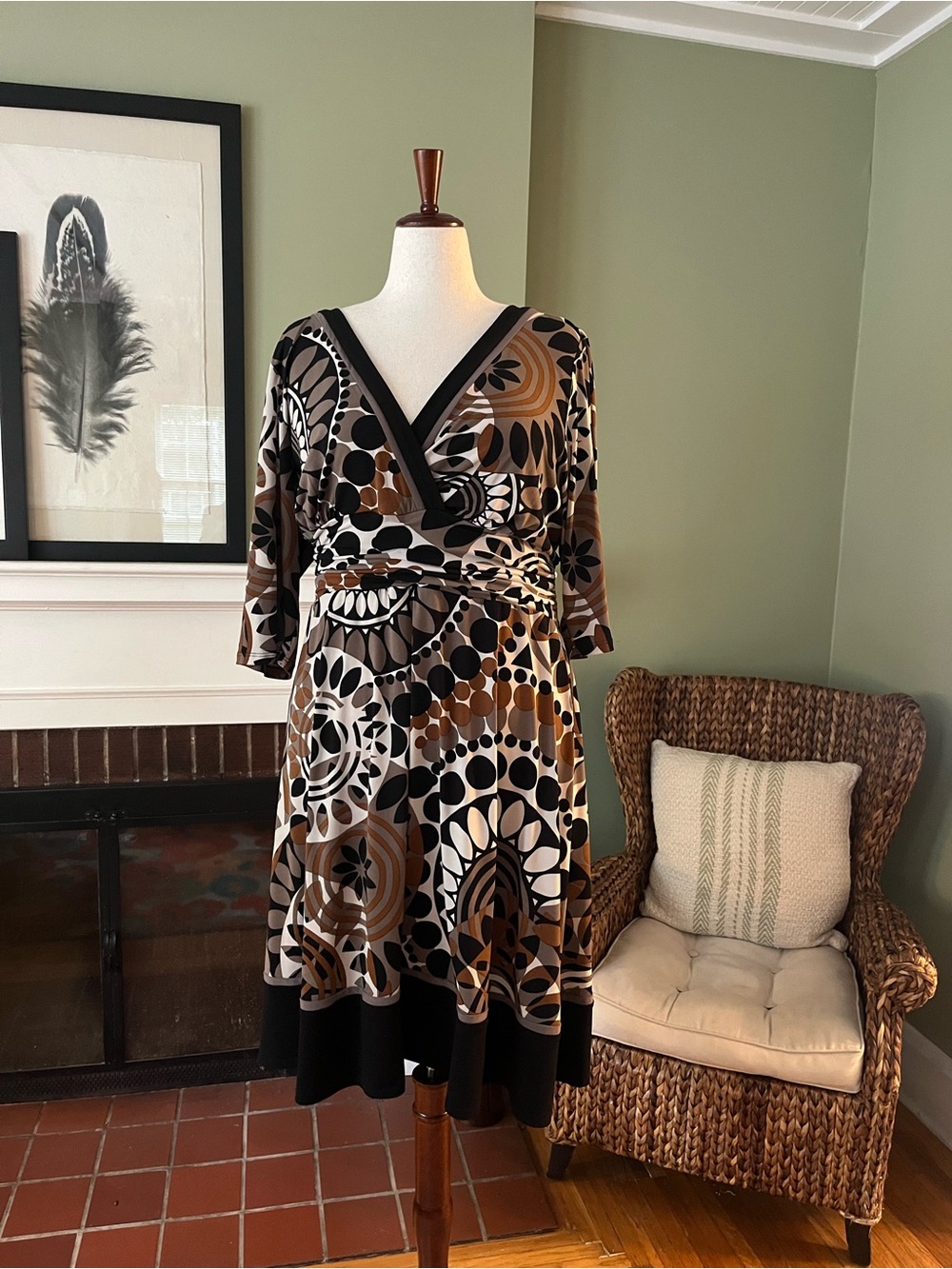 Retro Print Jersey Surplice Fit & Flare Dress - size 20